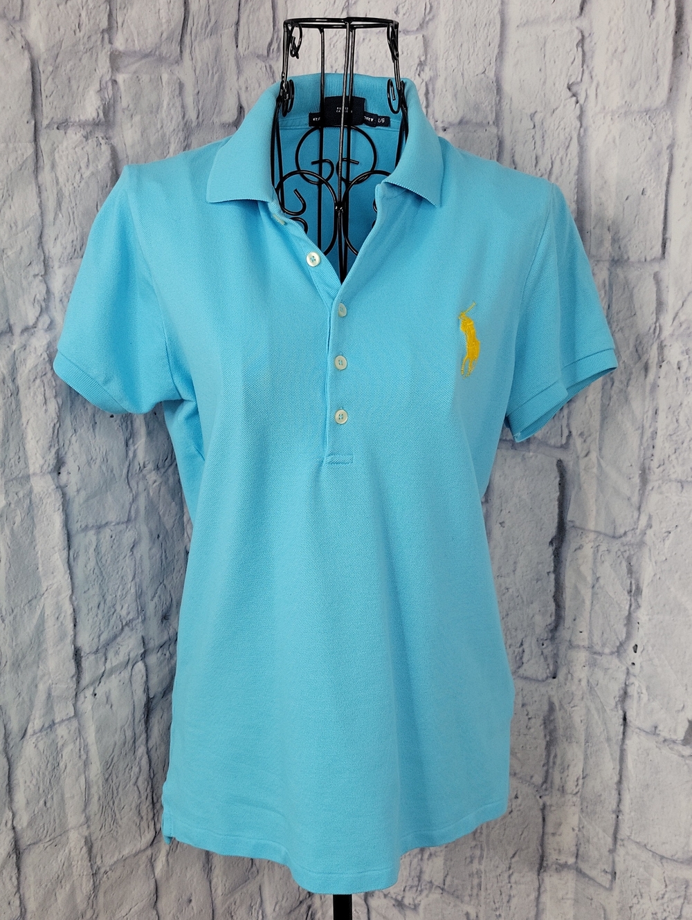 Ralph Lauren Aqua Blue Polo Shirt Women's Large Yellow Pony Logo
